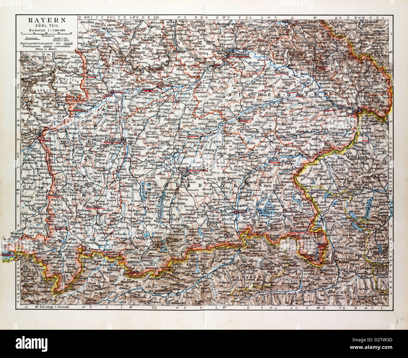 MAP OF THE SOUTHERN PART OF BAVARIA GERMANY 1899 Stock Photo