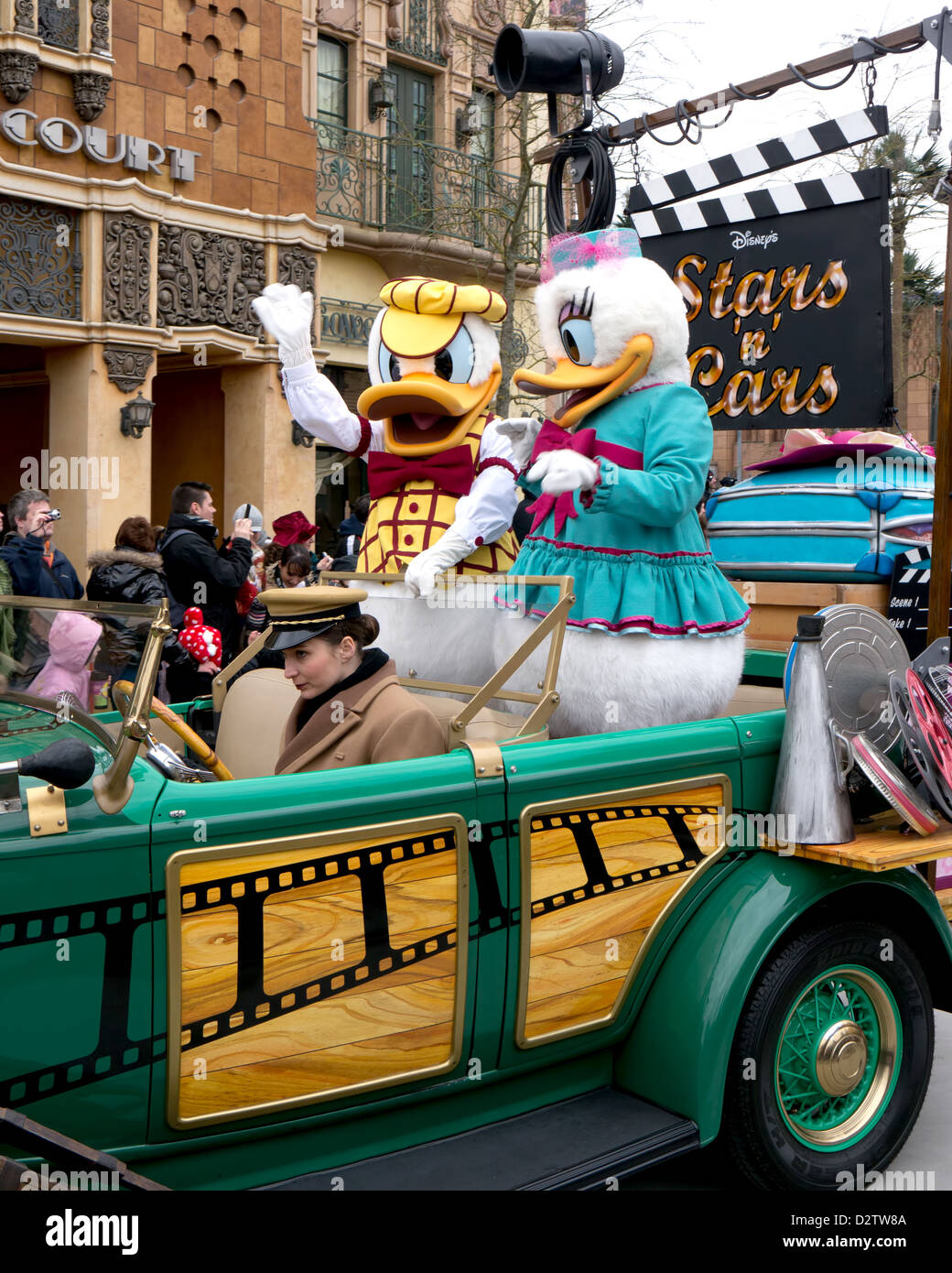 Donald Duck and Daisy Duck taking part in Disney's Stars n Cars Parade at Disneyland Paris Stock Photo