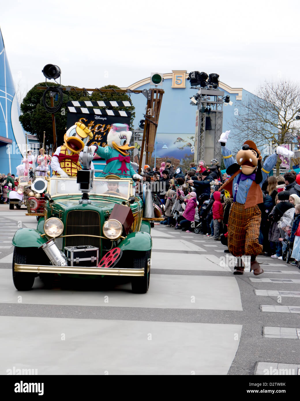 Donald Duck and Daisy Duck and Goofy  taking part in Disney's Stars n Cars Parade at Disneyland Paris Stock Photo