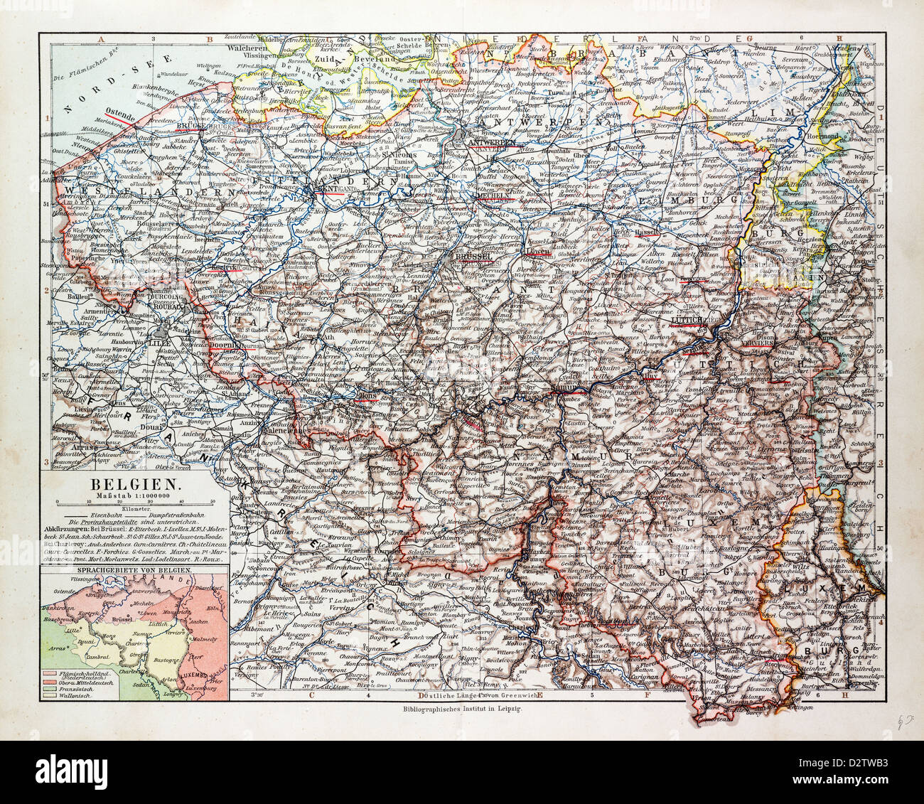 MAP OF BELGIUM 1899 Stock Photo