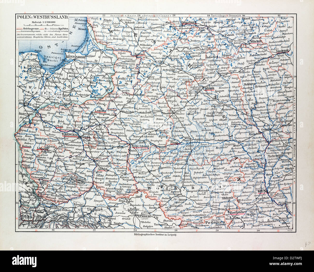 MAP OF POLAND BELARUS AND UKRAINE 1899 Stock Photo