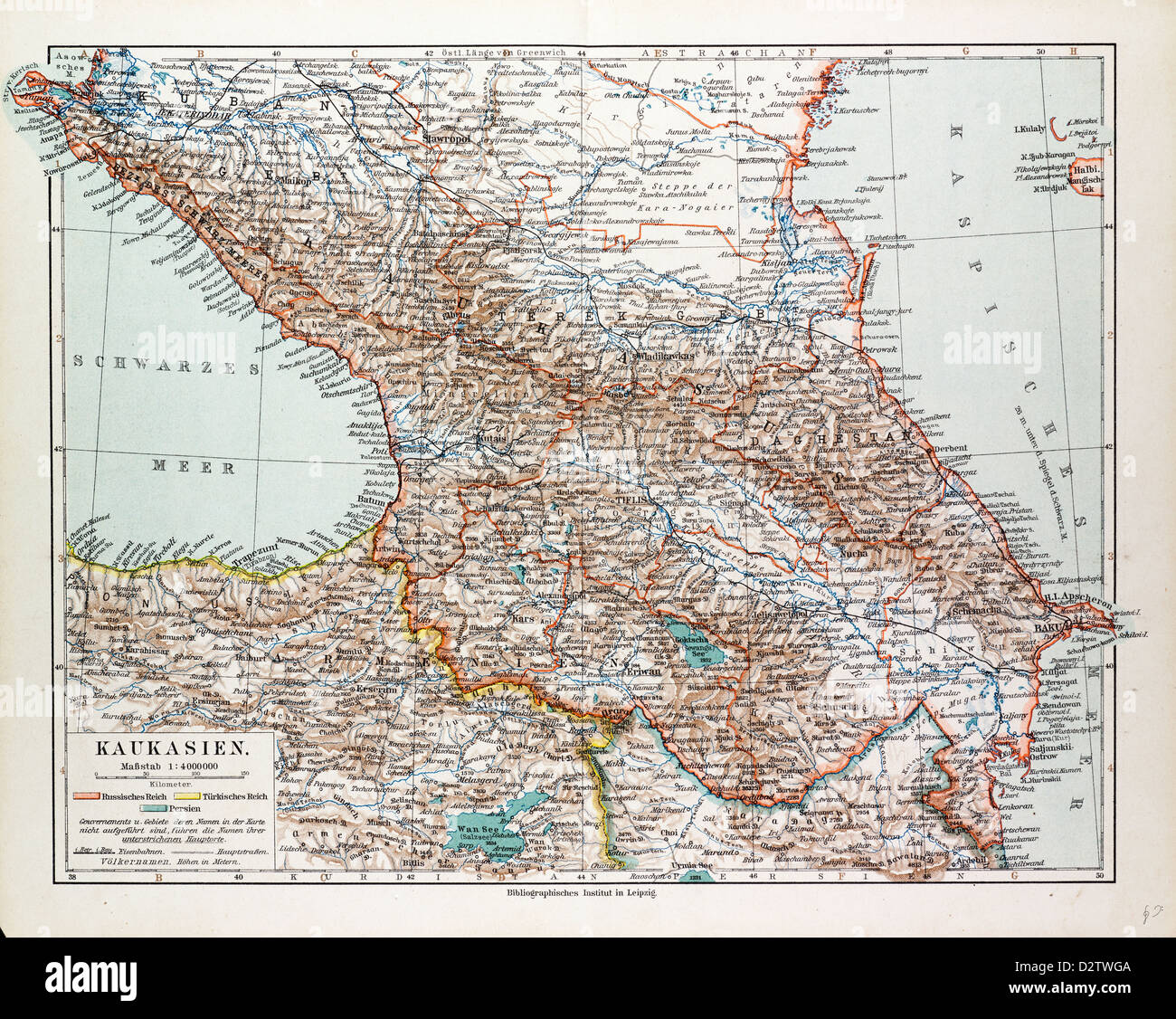 MAP OF TRANSCAUCASIA GEORGIA AZERBAIJAN ARMENIA 1899 Stock Photo