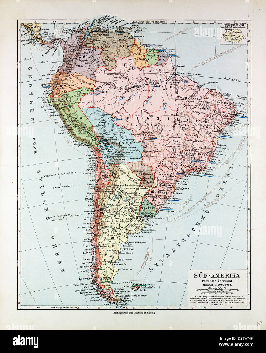 MAP OF SOUTH AMERICA 1899 Stock Photo