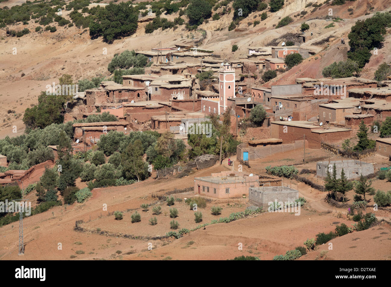Berber village on hillside, Atlas mountains, Morocco , North Africa Stock Photo