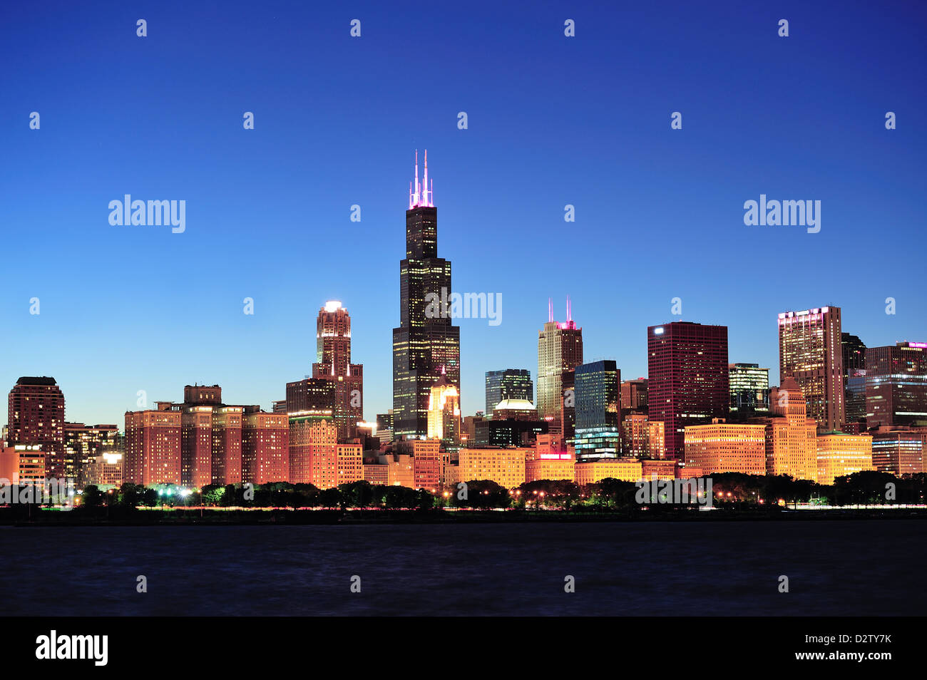 Chicago city downtown urban skyline at dusk with skyscrapers over Lake ...