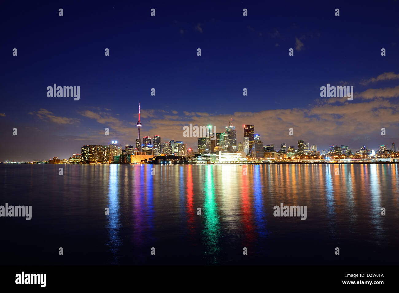 Toronto cityscape panorama at dusk over lake with colorful light Stock ...