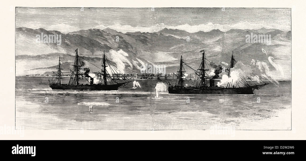 THE CIVIL WAR IN CHILE: INSURGENT WAR SHIPS EXCHANGING SHOTS WITH THE TOWN OF IQUIQUE Stock Photo