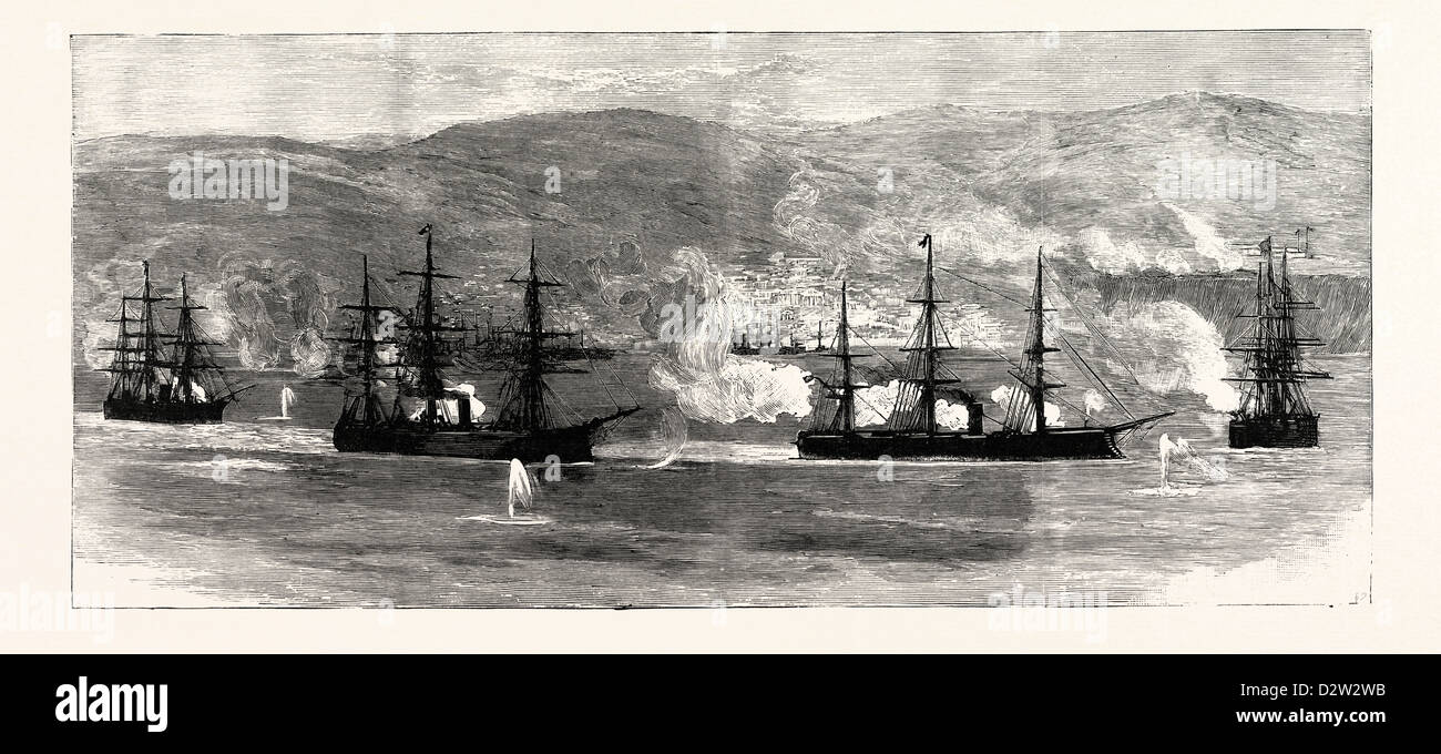 THE CIVIL WAR IN CHILE: INSURGENT WAR SHIPS BEING FIRED AT FROM THE VALPARAISO FORTS Stock Photo