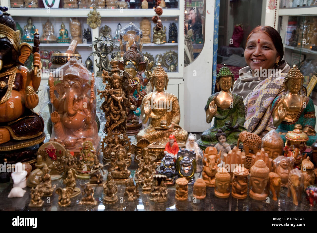 India, Rishikesh. Shop Selling Religious Objects. Stock Photo