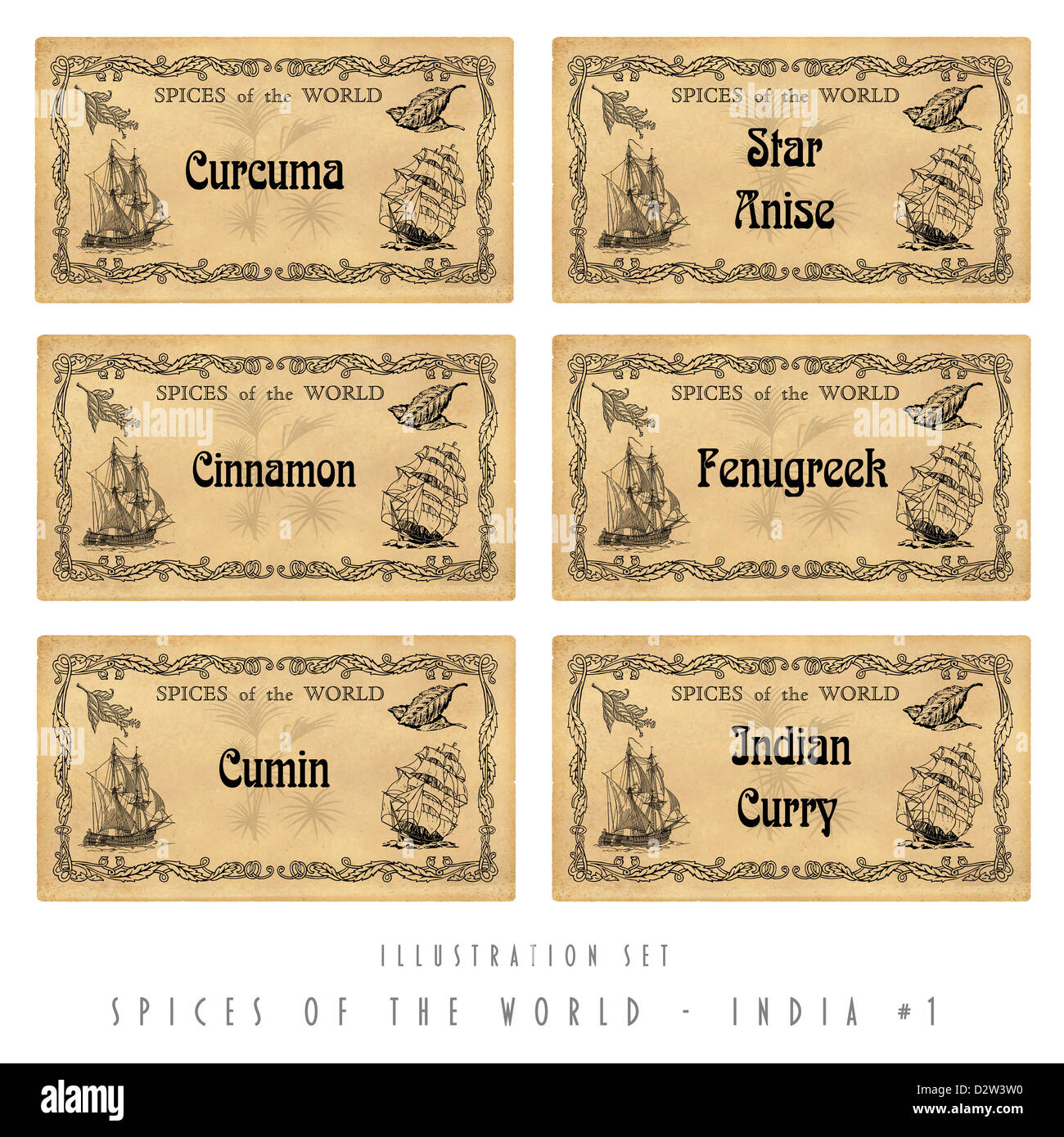Illustration set with six spice labels, India 1 Stock Photo Alamy