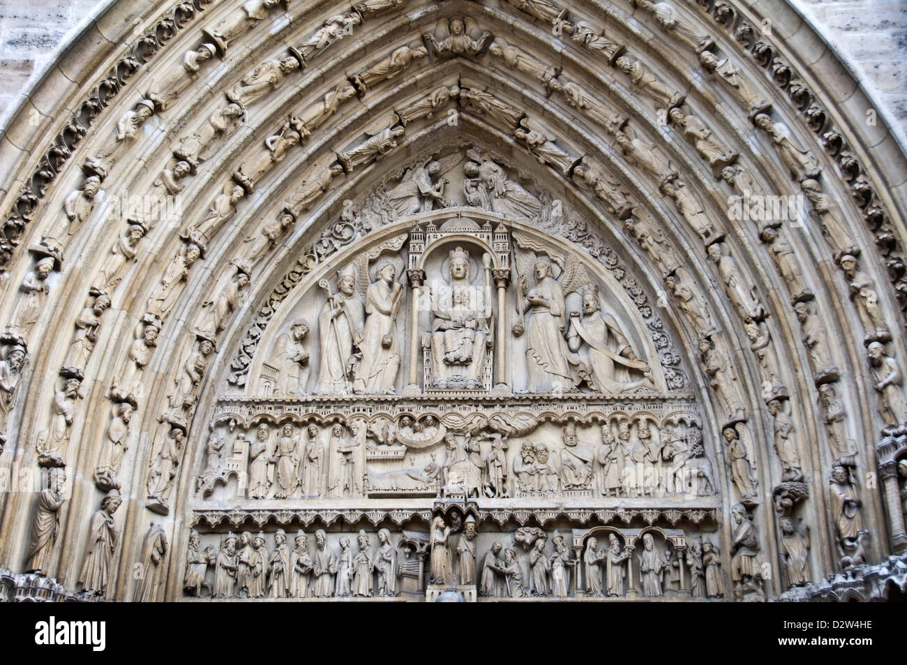 The last judgement portal on the west facade of Notre Dame de Paris cathedral - Paris, France Stock Photo