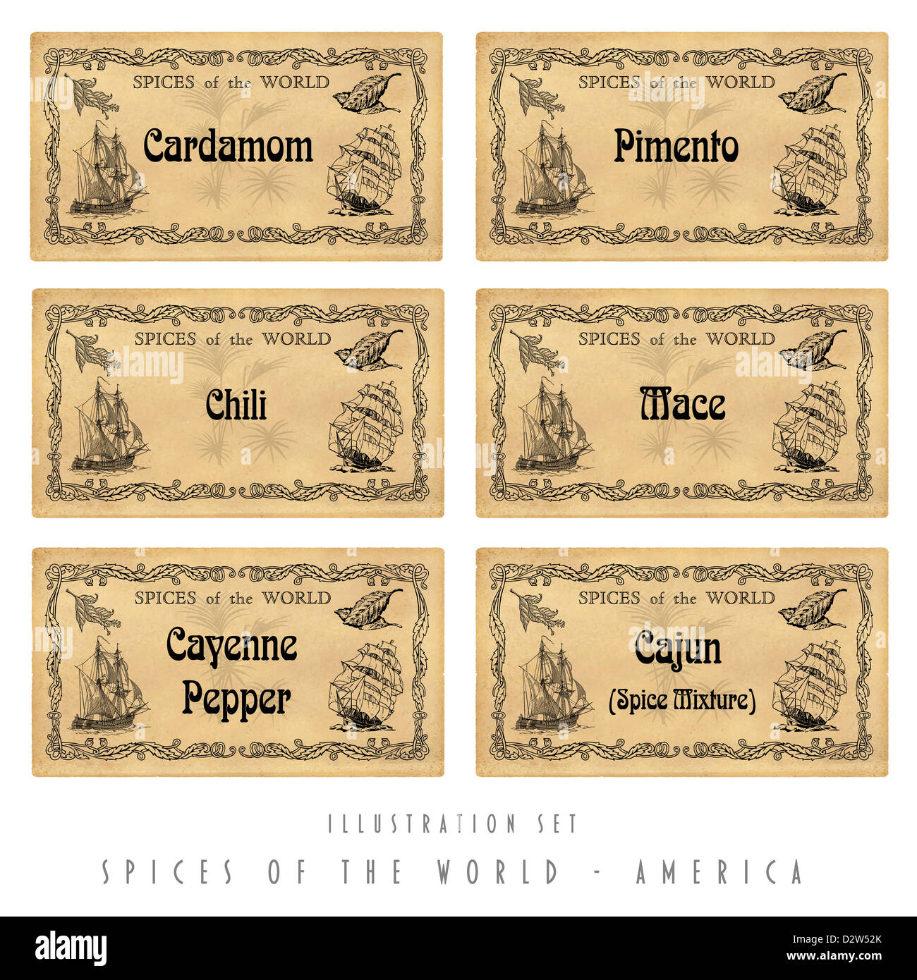 Illustration set with six spice labels, America Stock Photo