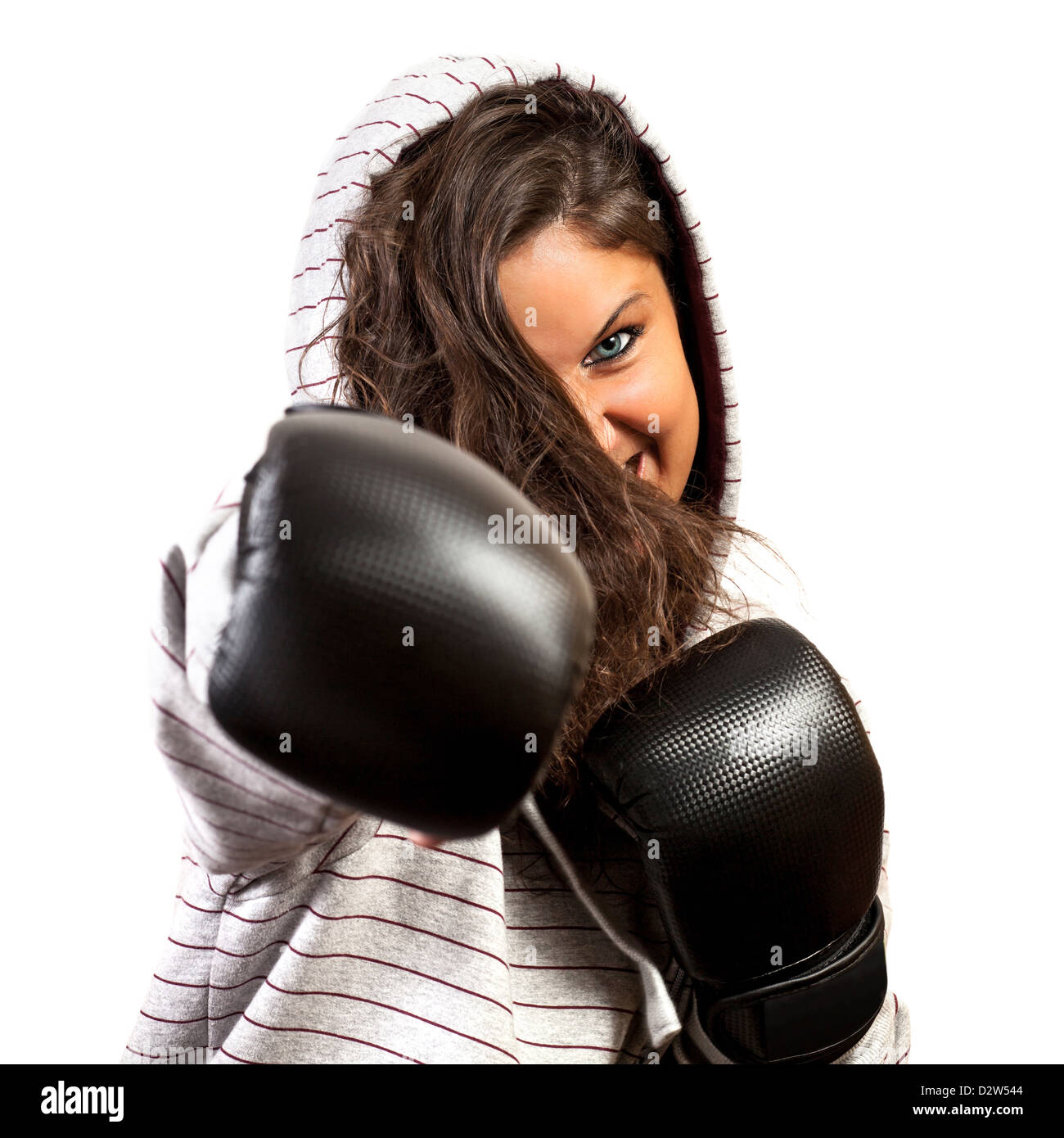 Portrait of a woman with boxing, isolated on white background Stock Photo