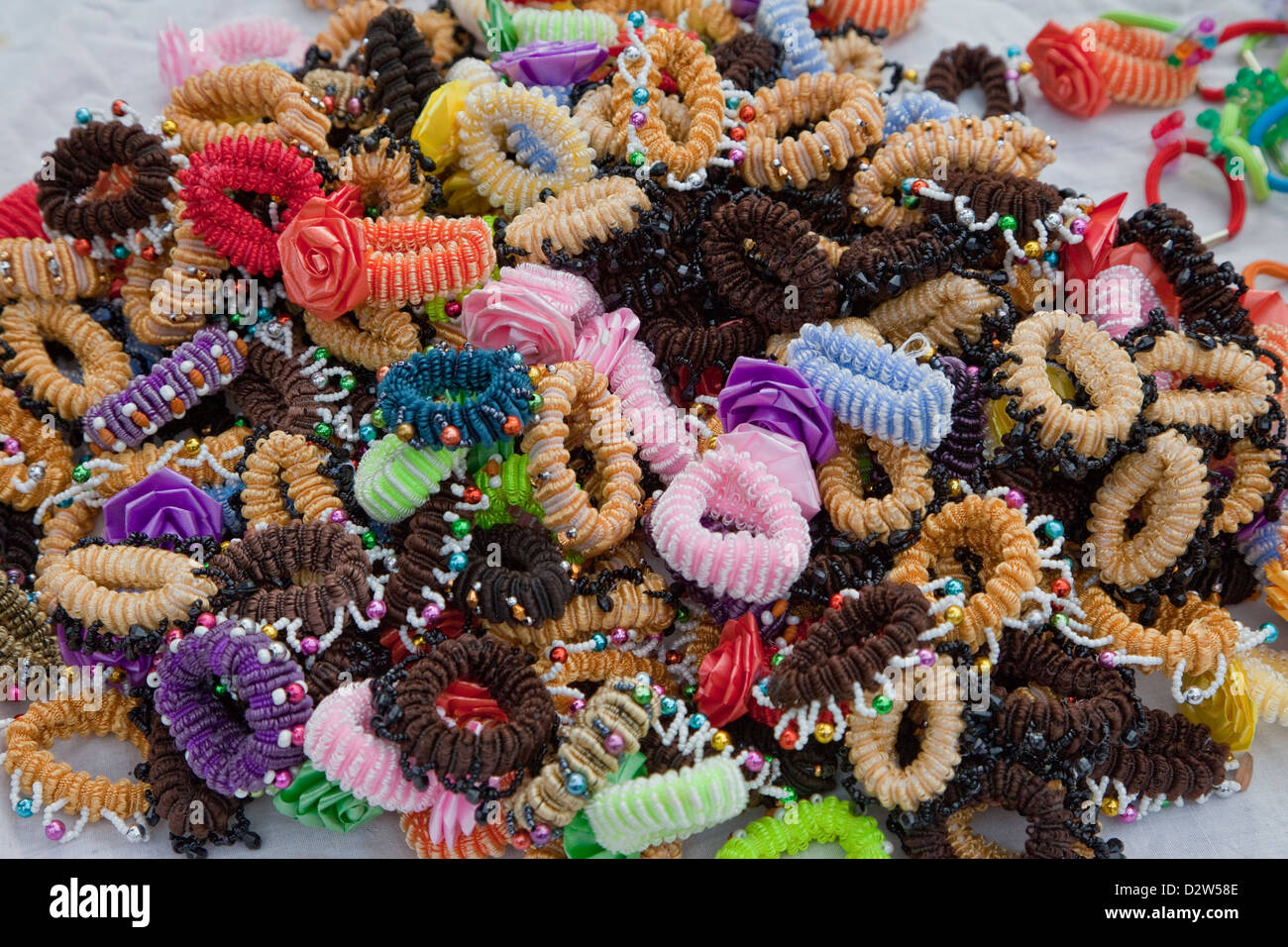 India, Rishikesh. Beaded Elastic Hair Bands, Hair Ties, Pony Tail Holders. Stock Photo