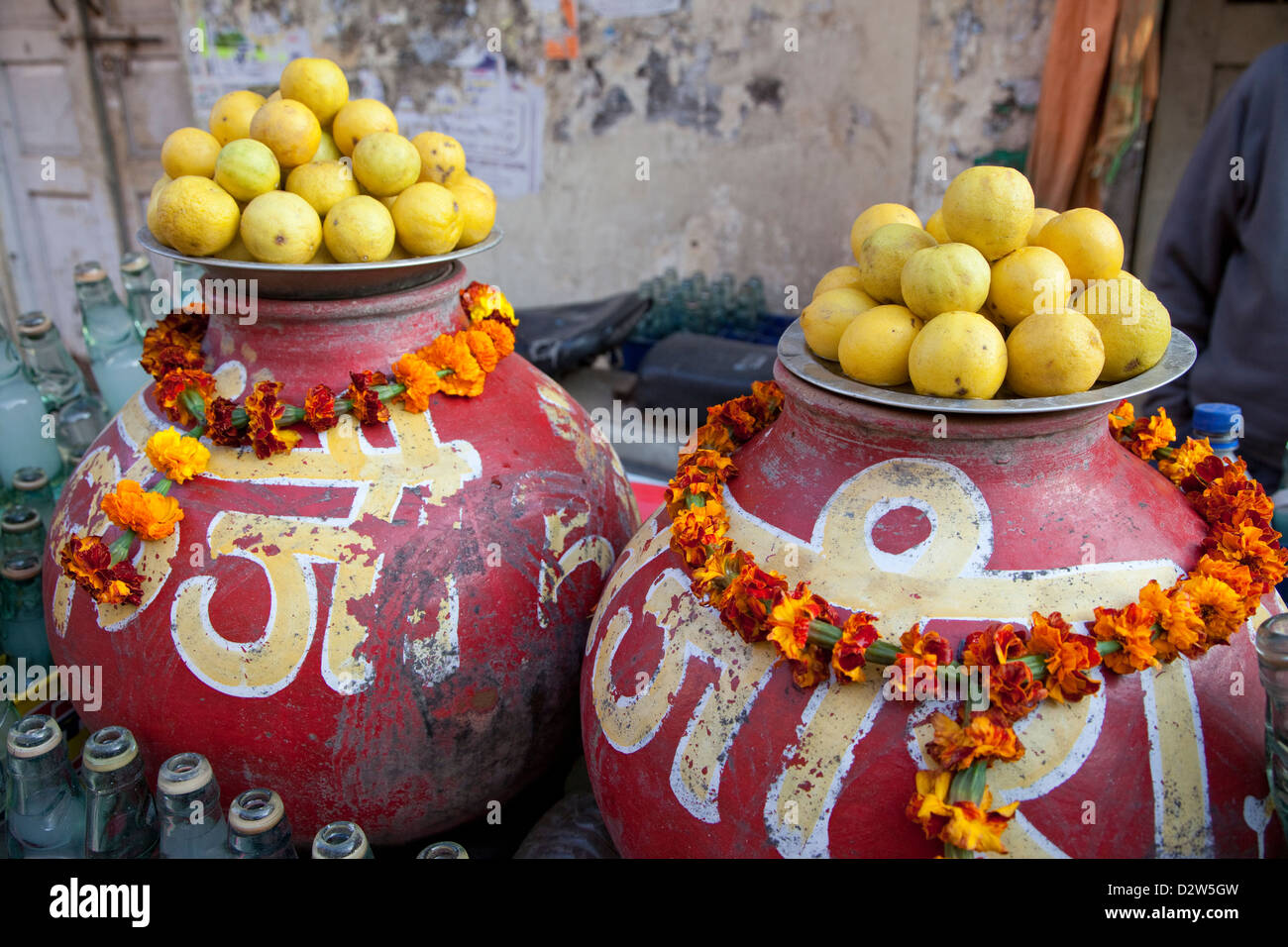 India, Rishikesh. Limes, Sodas, Marigolds. Stock Photo