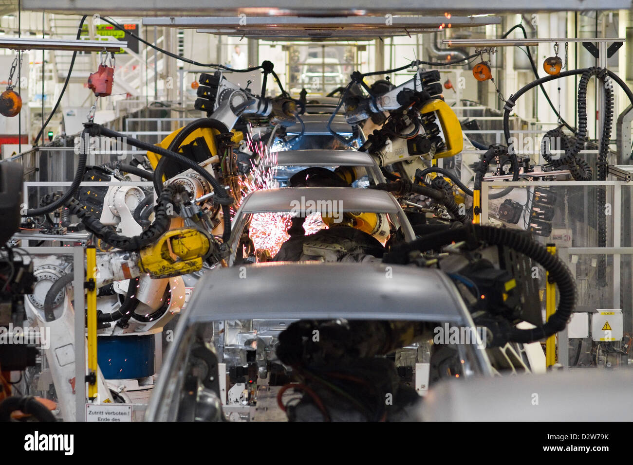 Wolfsburg, Germany, Volkswagen factory, welding robots in the body shop, welding line Stock Photo