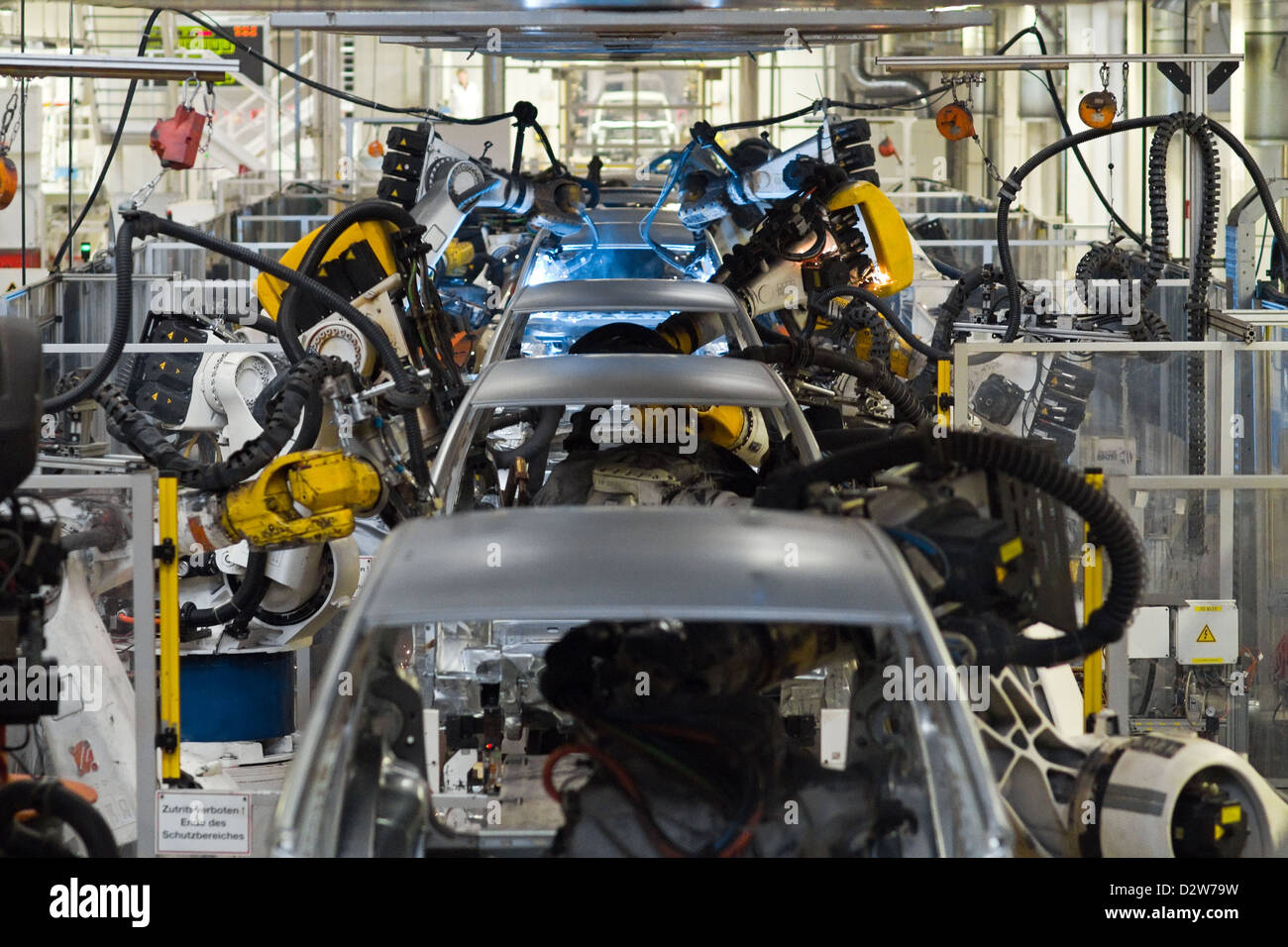 Wolfsburg, Germany, Volkswagen factory, welding robots in the body shop, welding line Stock Photo