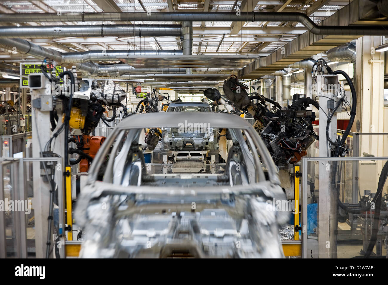 Wolfsburg, Germany, Volkswagen factory, welding robots in the body shop, welding line Stock Photo