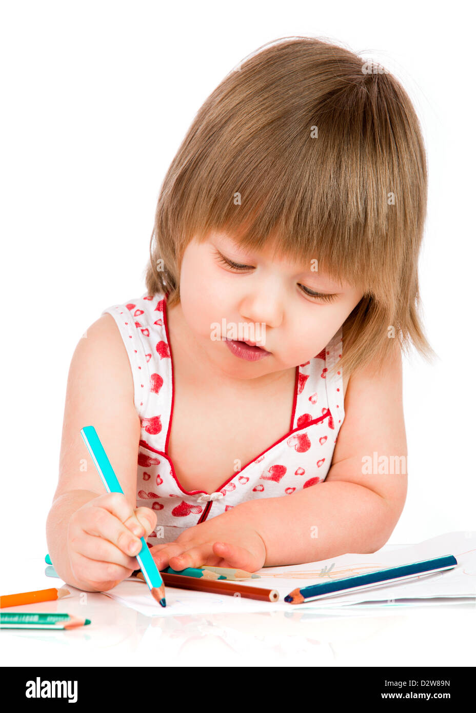 Little baby girl draws pencil on a white background Stock Photo - Alamy