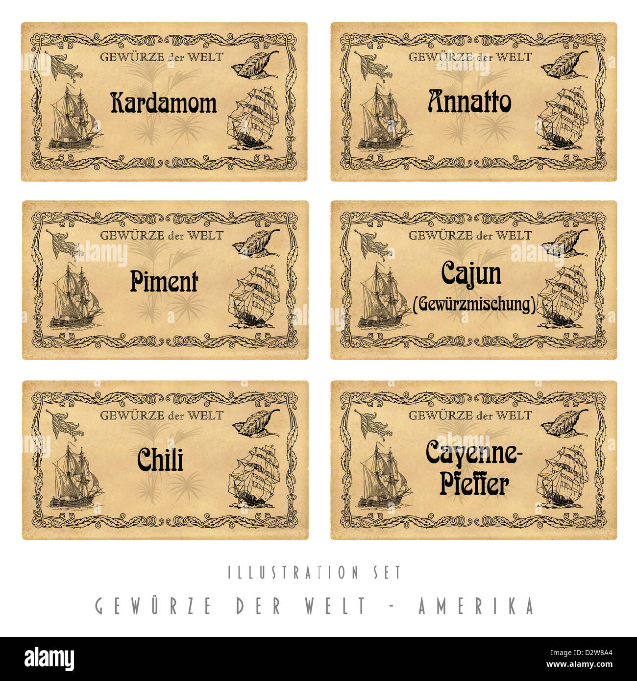 Illustration set with six spice labels, America Stock Photo