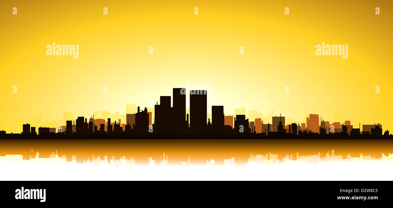 Illustration of city skyscrapers in the sunlight on a golden sky Stock ...