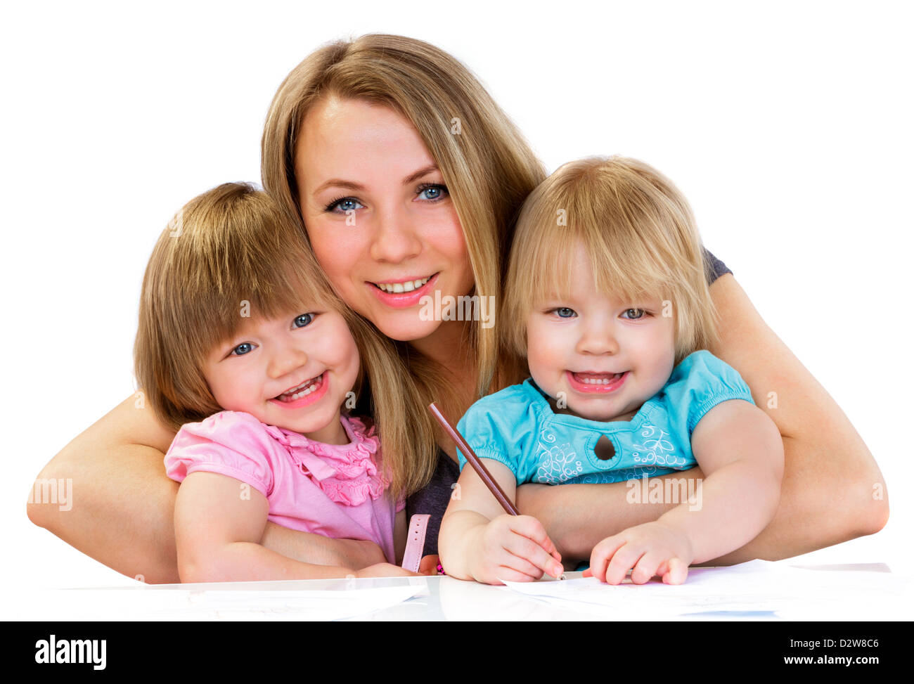 Mom and daughters, happy family, isolated on white background Stock Photo