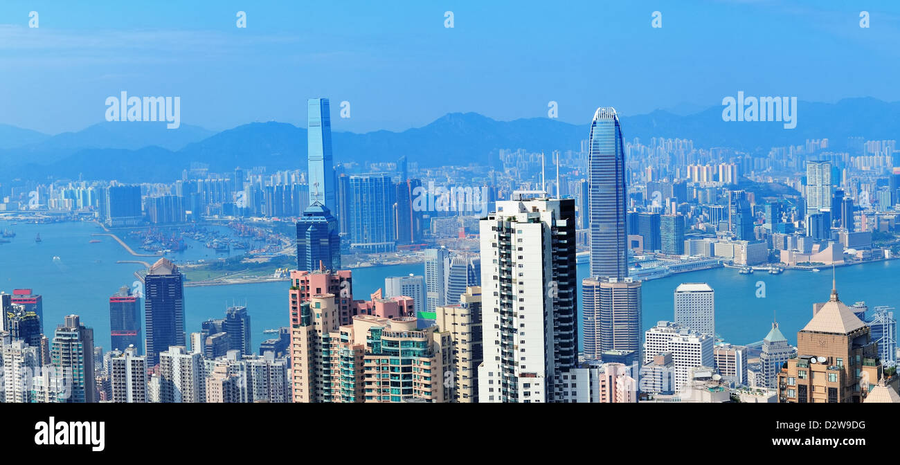 Victoria Harbor aerial view with Hong Kong skyline and urban ...