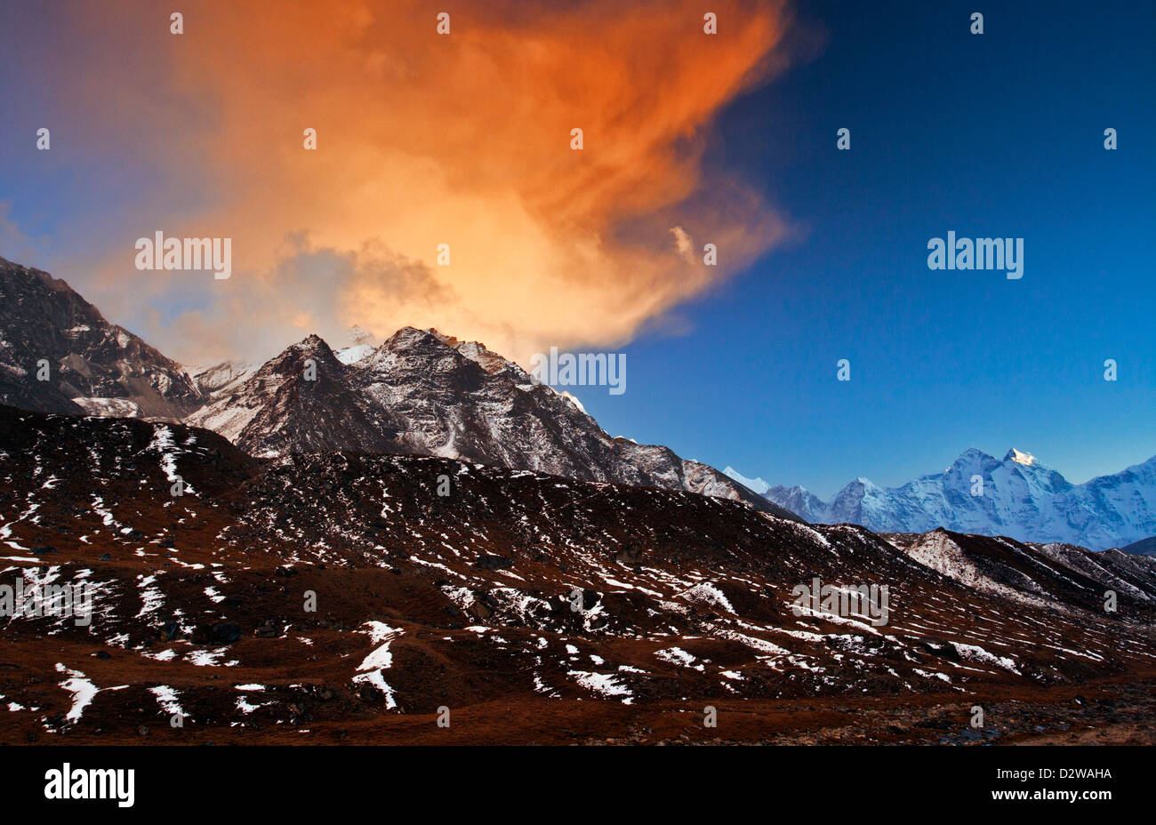 Pokalde (5806m) and Nangkar Tshang (5616m) peaks viewed from Lobuche in Sagarmatha National Park, Khumbu Himal region, Nepal. Stock Photo