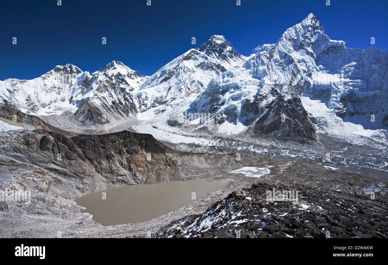 View from Kala Patthar of Mount Everest (8848m), Changtse (7553m), Lhotse (8501m), Nuptse (7861m) in the Khumbu Himal, Nepal. Stock Photo