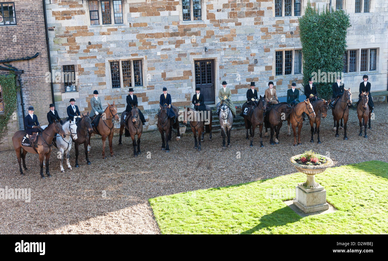 Ingarsby, Leicestershire, UK. Saturday 2nd Feb 2013. The competitors gather before the inaugural running of the Bernard Weatherill Sidesaddle Chase, the first race for sidesaddle riders since 1921. Stock Photo