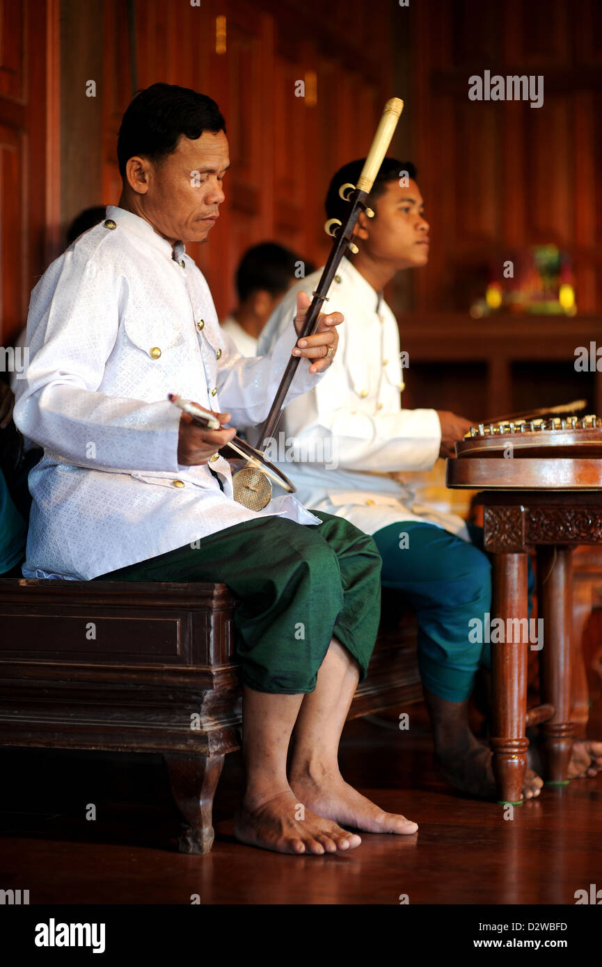 Siem Reap, Cambodia, musicians with typical instruments in Culture Village. Stock Photo