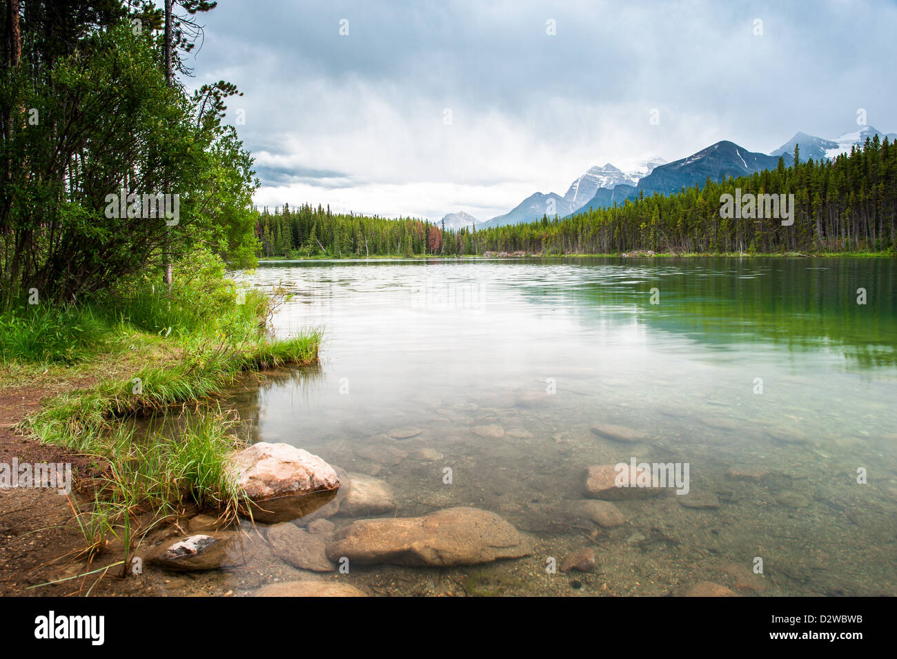 Mountain panorama from Herbert Lake at the icefield parkway in Banff National Park, Alberta, Canada Stock Photo