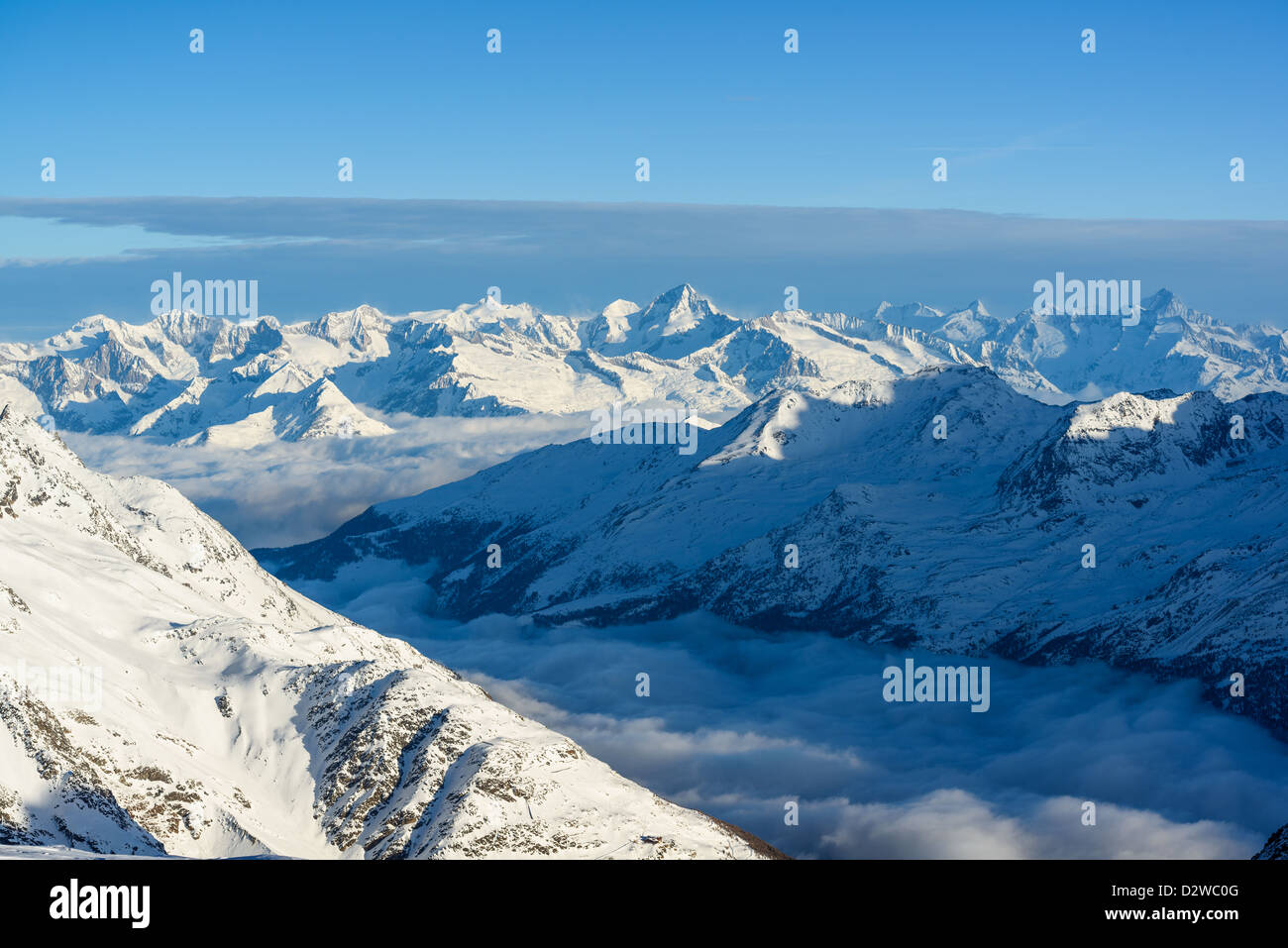 Panorama of swiss alps in winter, view from Mitelallalin, Saas Fee, Valais, Switzerland Stock Photo