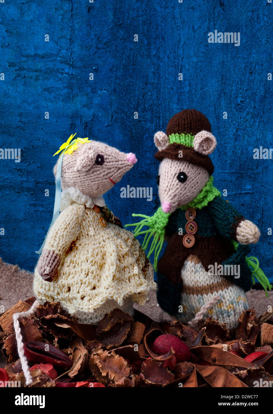Knitted toy mice be my girl Stock Photo