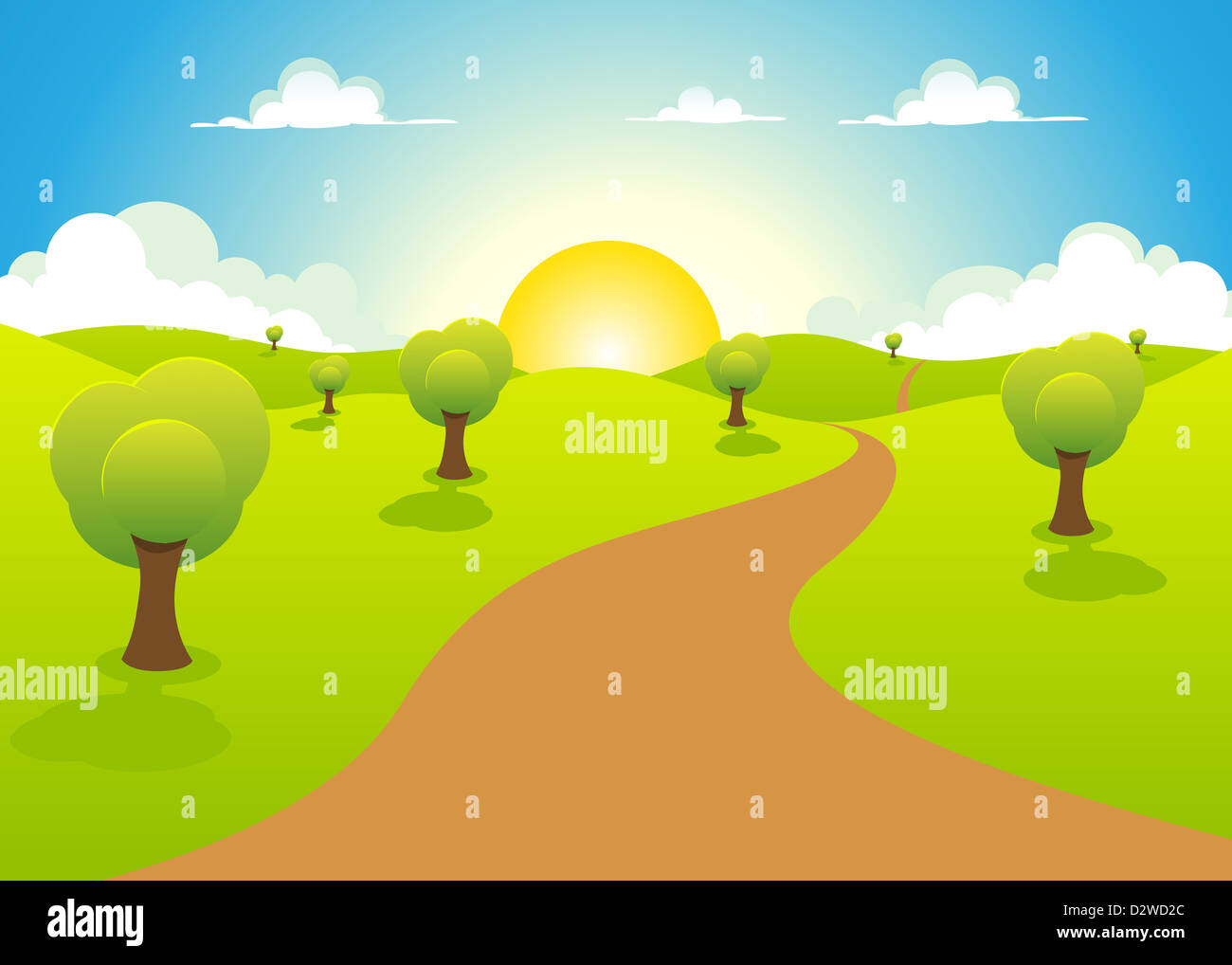 Illustration of a cartoon spring or summer landscape with trees, blue sky,  sun and cloudscape Stock Photo - Alamy