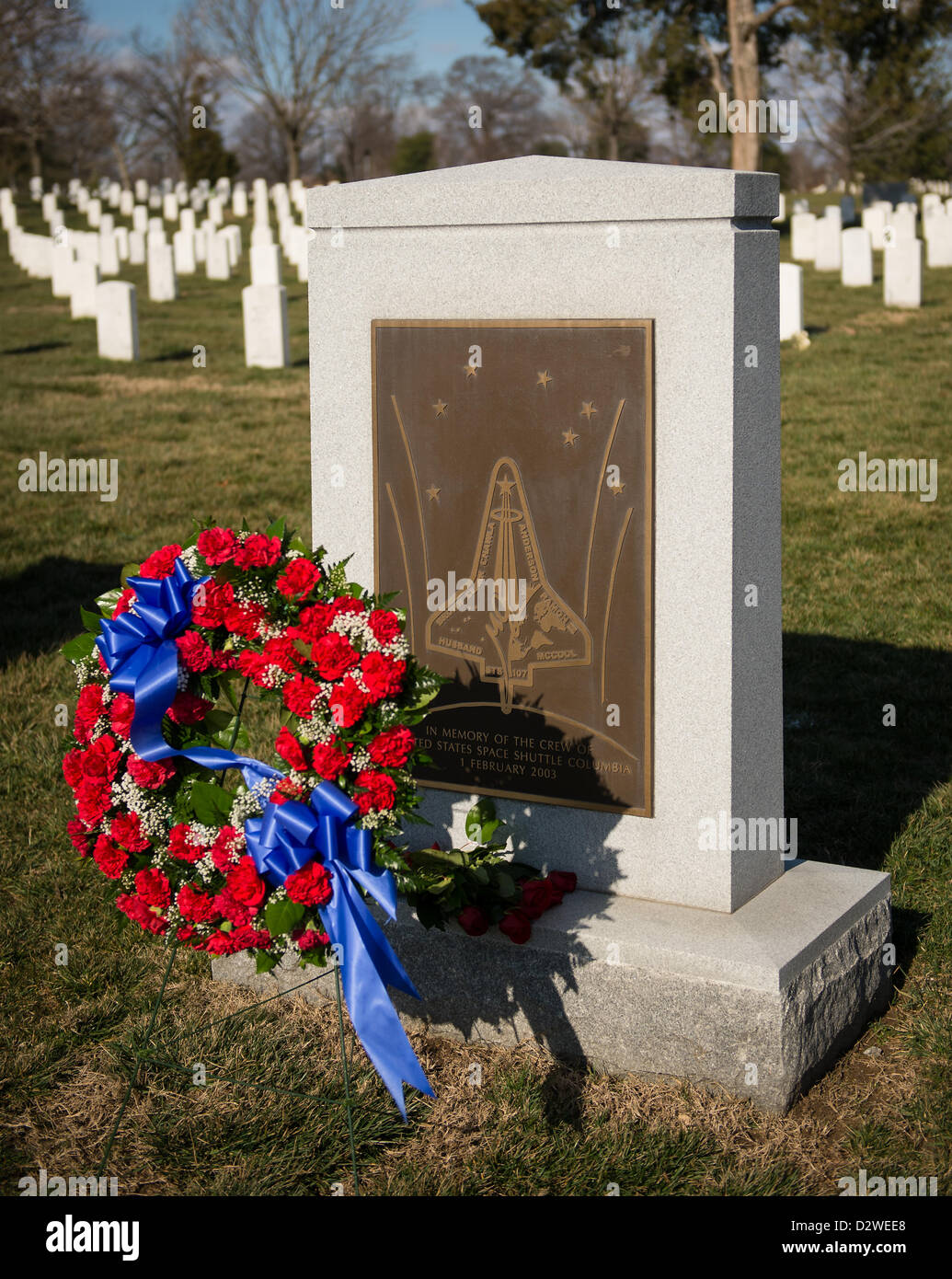 The Space Shuttle Columbia Memorial with a memorial wreath as part of NASA's Day of Remembrance February 1, 2013 at Arlington National Cemetery, Arlington, VA.  Wreathes were laid in memory of those men and women who lost their lives in the quest for space exploration. Stock Photo