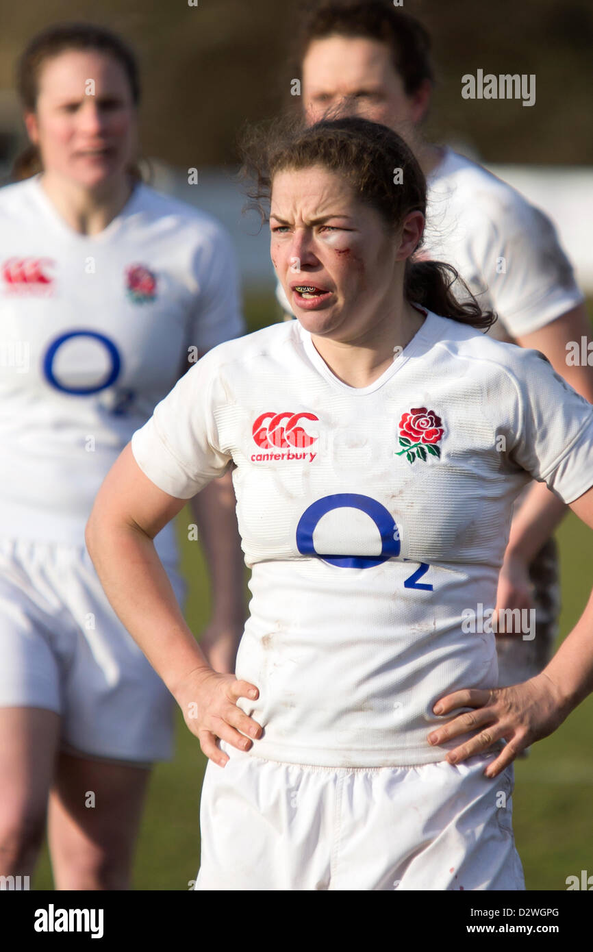 Emma Croker the England rugby hooker with a black eye 2.2.2013, Esher, England v Scotland Women's Rugby Six Nations. Stock Photo