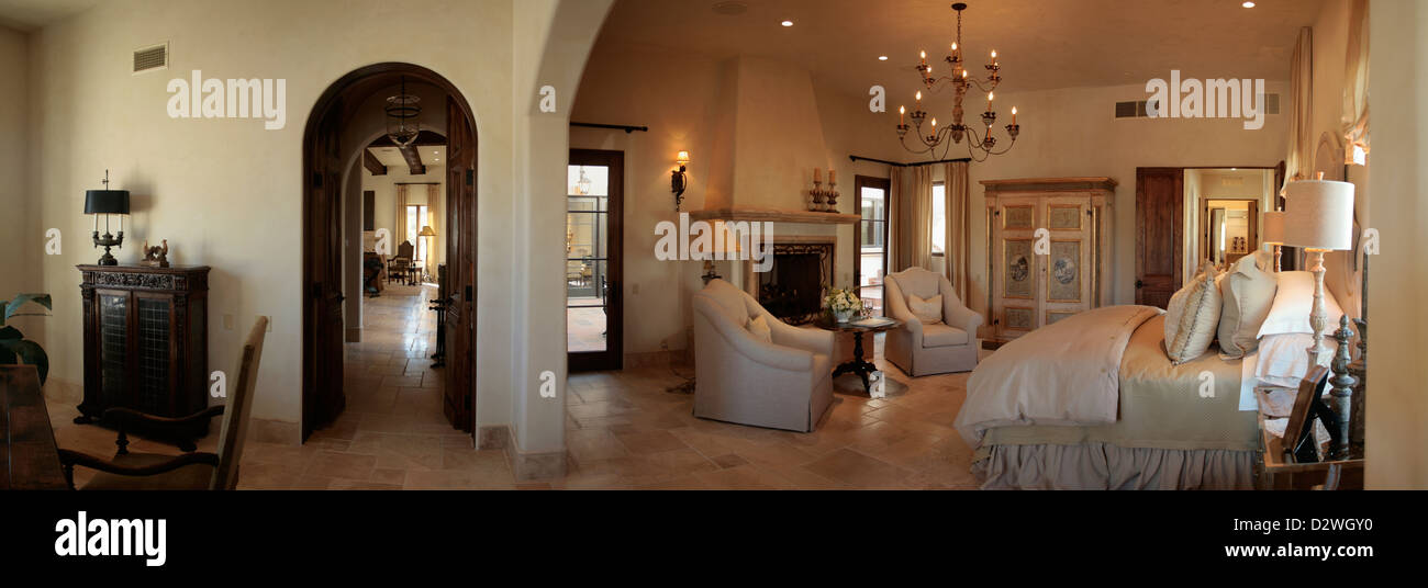 Panoramic view of a Master Bedroom Stock Photo