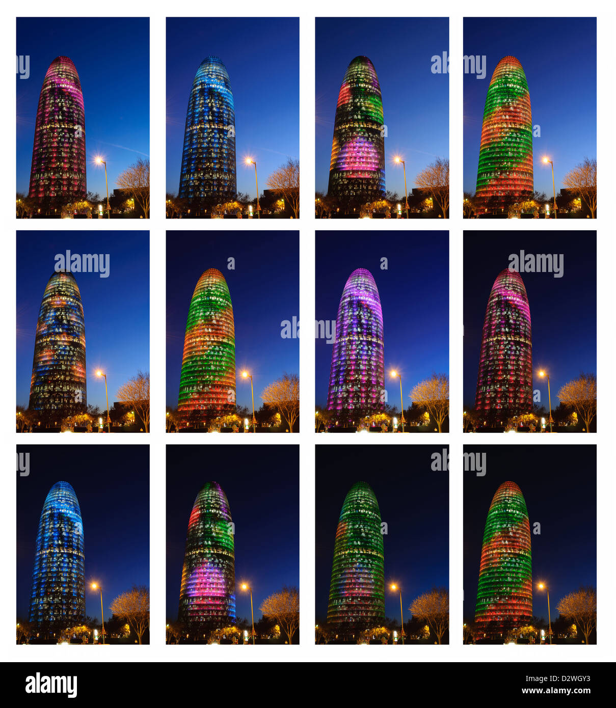 Collage of images of Torre Agbar illuminated at night with different colors. Barcelona, Spain. Stock Photo