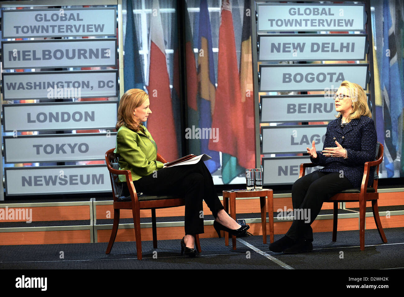 US Secretary of State Hillary Rodham Clinton participates in a Global Town Hall at the Newseum January 29, 2013 in Washington, DC. Stock Photo