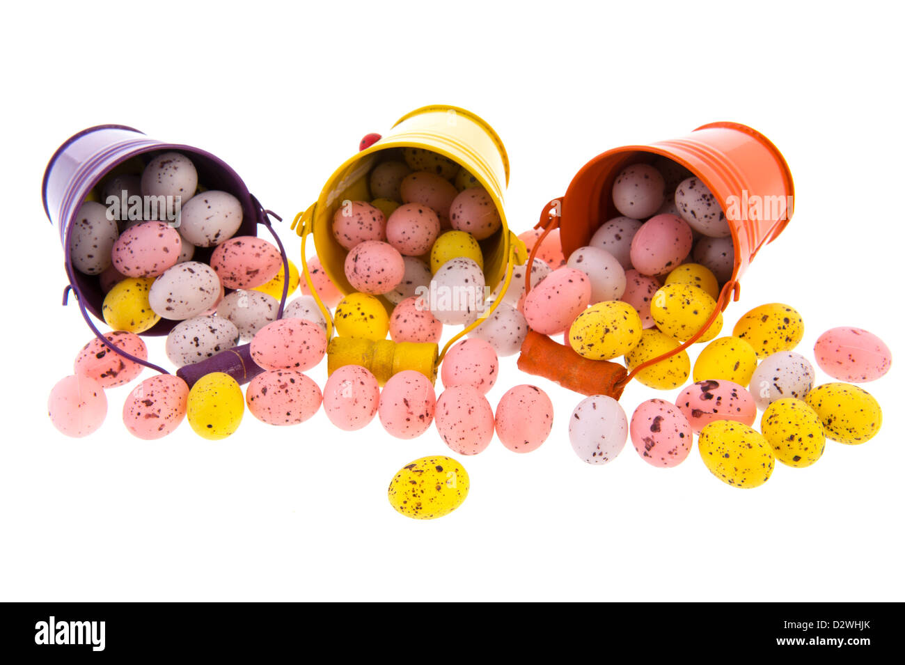 Colorful metal buckets with easter eggs Stock Photo - Alamy