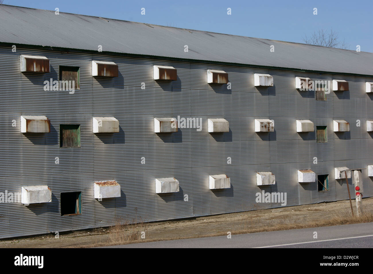 Full-length cropped view of abandoned chicken barns in Belfast, Maine. Stock Photo