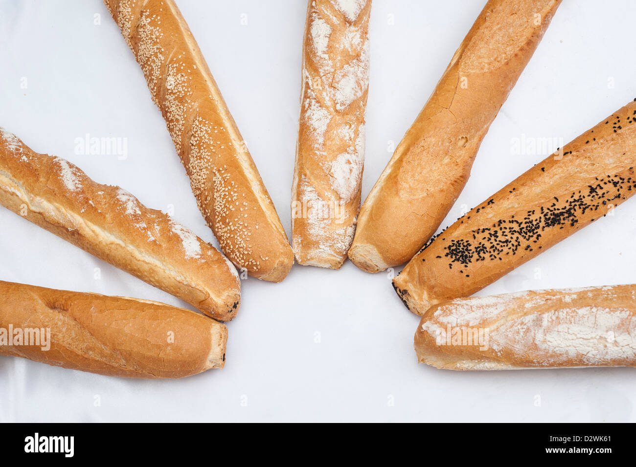 Selection of baguette french sticks isolated on a white background