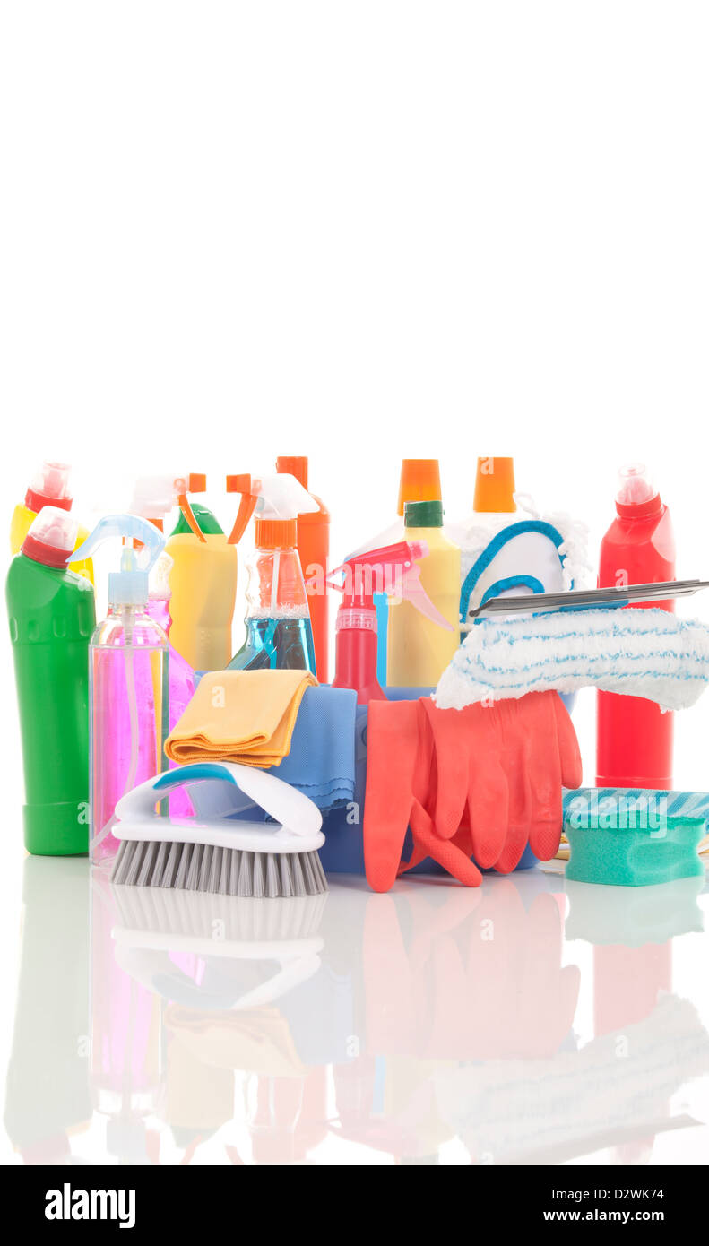Bucket Of Cleaning Supplies On Isolated White Background