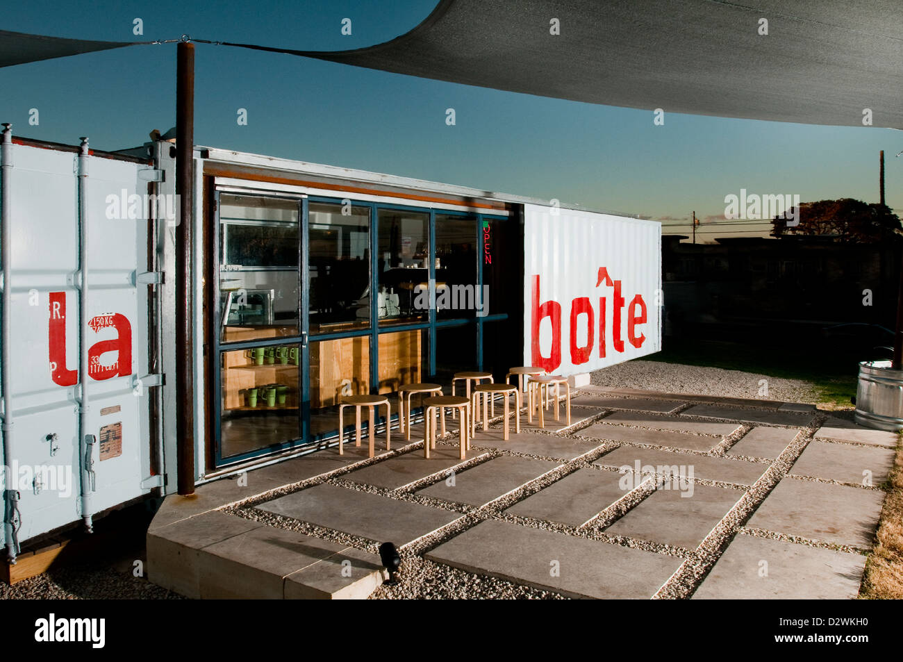 La Boite Cafe in Austin Texas, a mobile coffee shop made of a re-purposed shipping container. Stock Photo