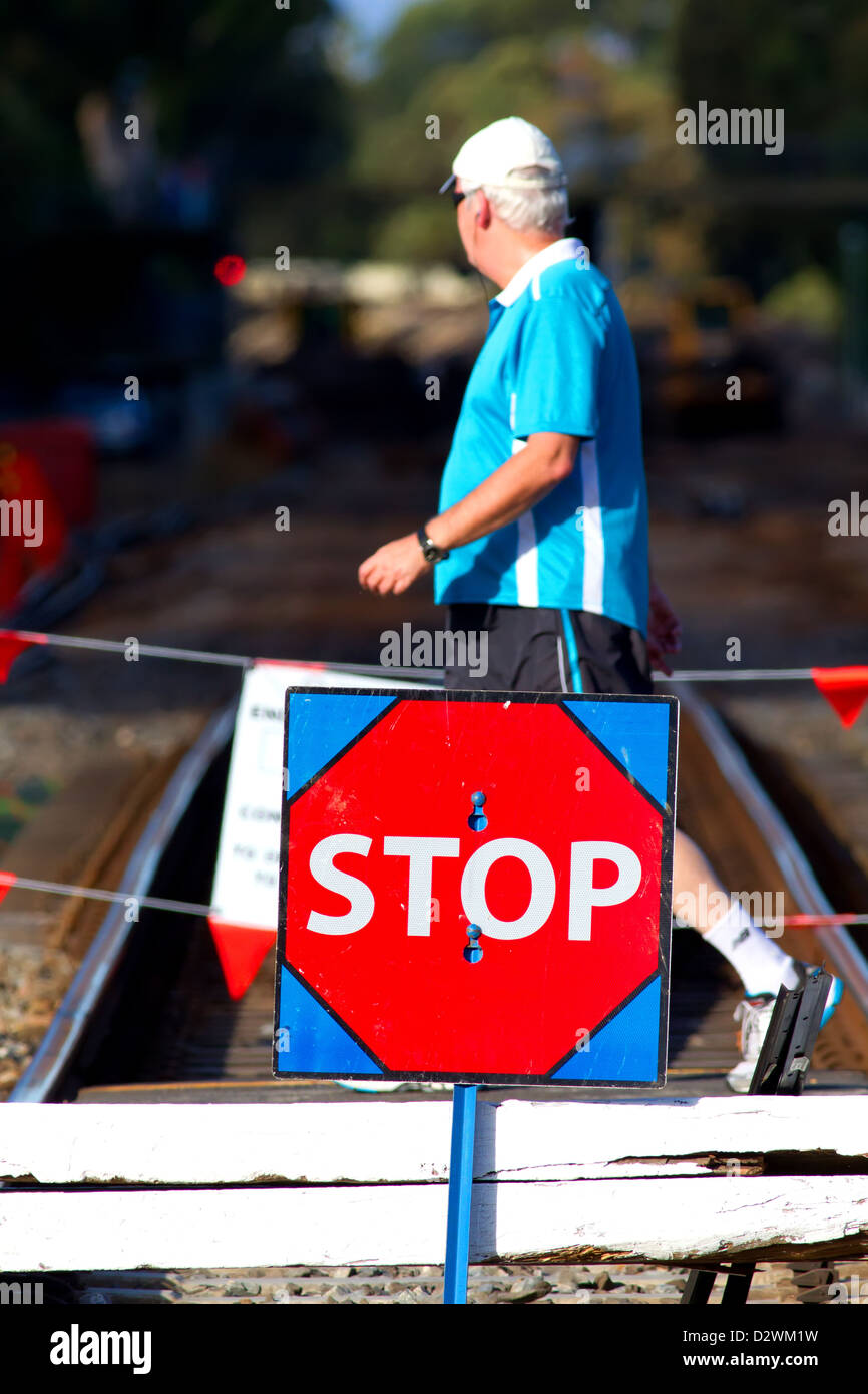 train railway construction stop sign South Australian Adelaide transport transportation Stock Photo