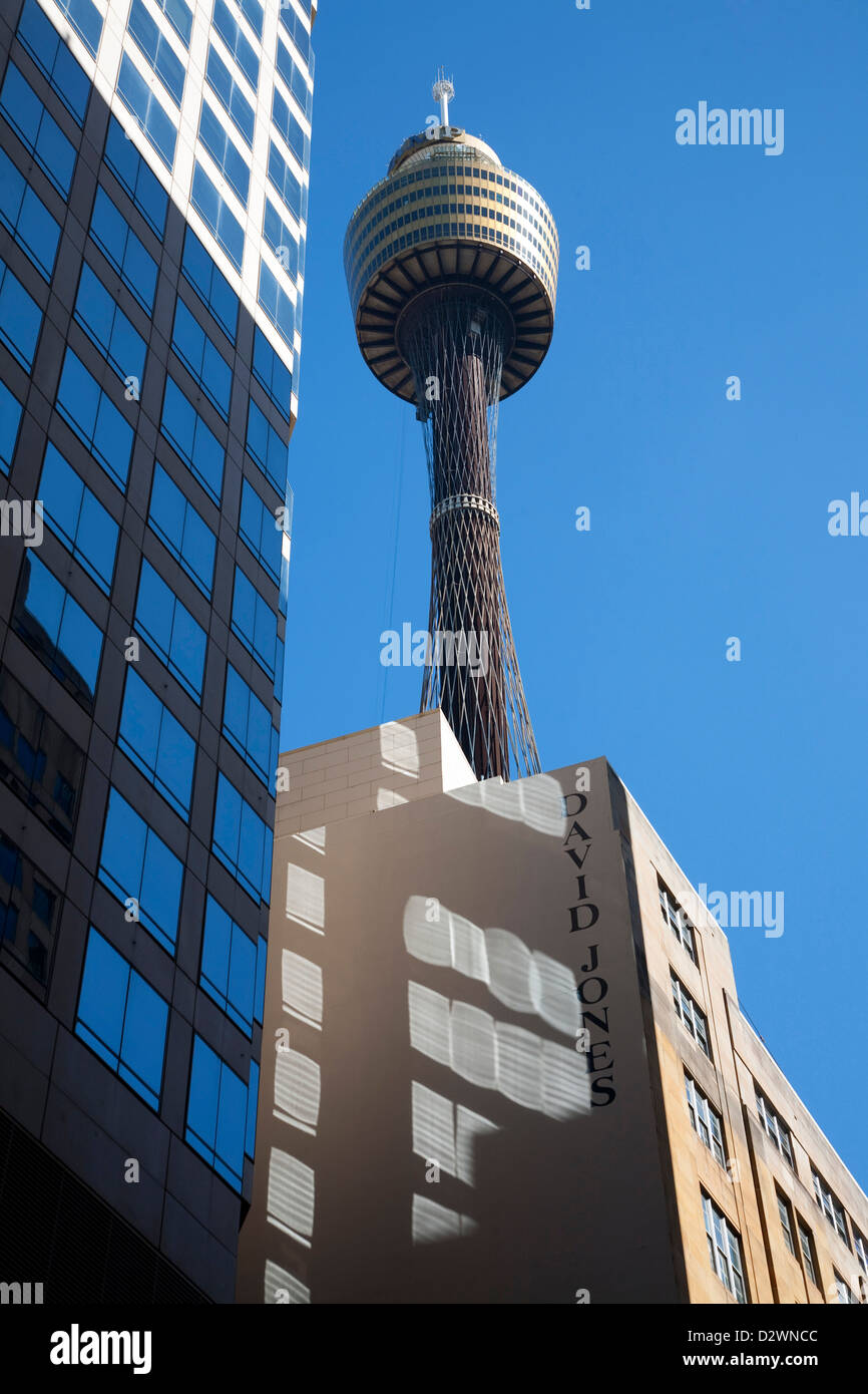 Upward view of the Sydney Tower from in front of the David Jones building Sydney Australia Stock Photo