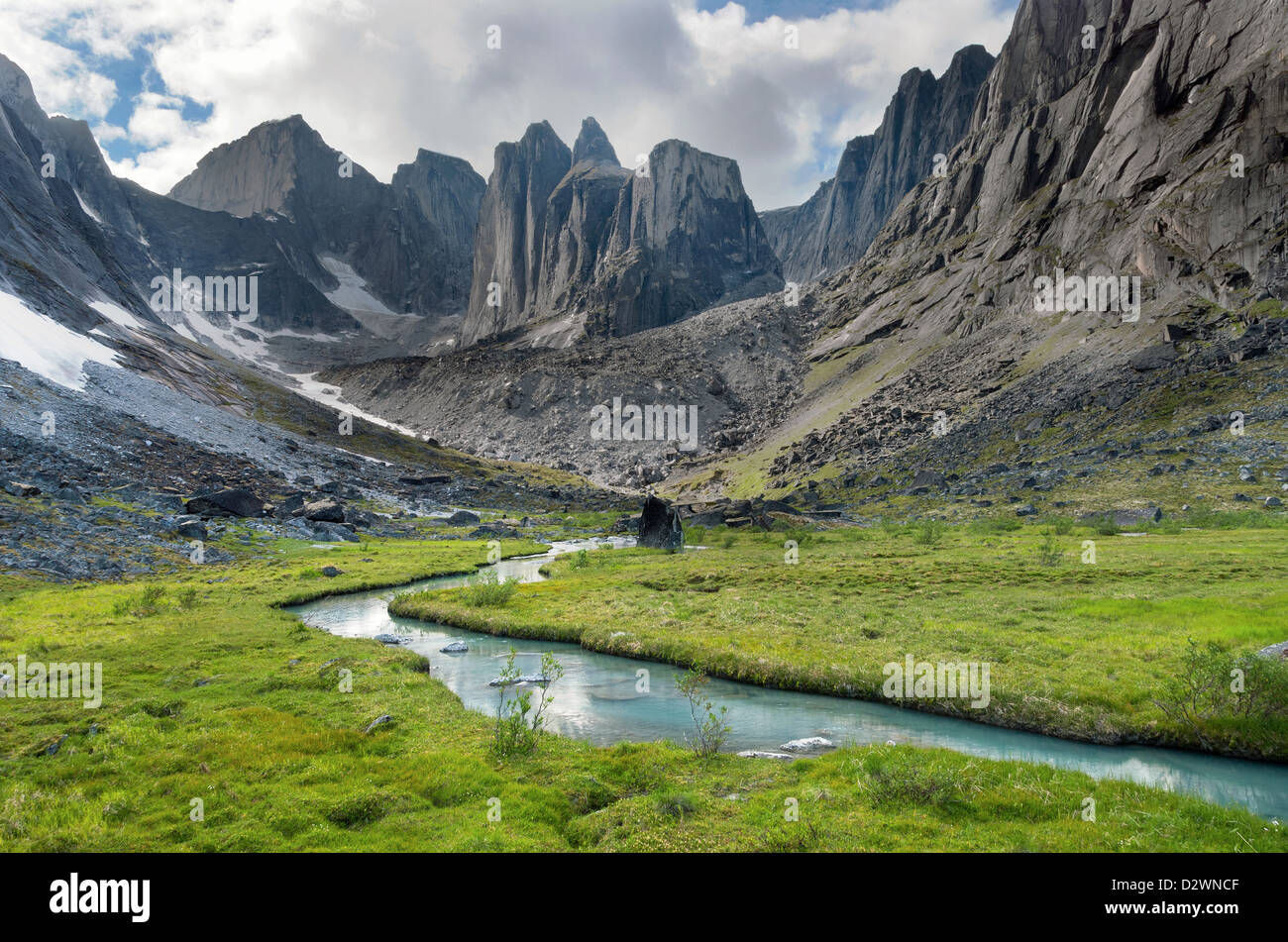 Stream running through Fairy Meadow in the Cirque of the Unclimbables, Northwest Territories, Canada. Stock Photo