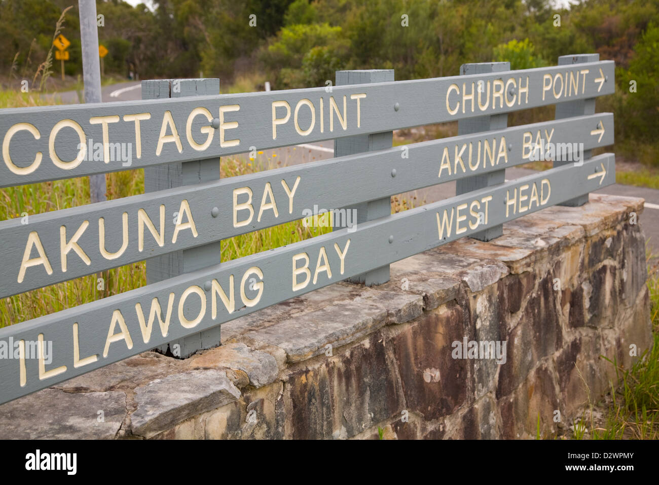 Signpost in Sydney towards Cottage Point, Akuna Bay and West Head, Ku-ring -gai chase national park,NSW,Australia Stock Photo