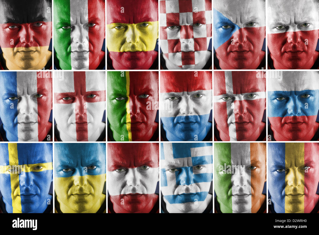 Collage of sport supporter faces painted into major European country national flag colors Stock Photo